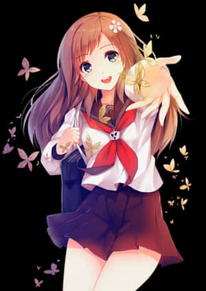 Babaeng Anime na may Paru-paro at Sakura