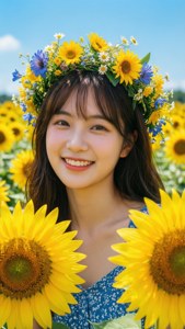 Aestetik na babae na may koronang bulaklak sa isang taniman ng sunflower. — Aesthetic na babae GIF Wallpaper