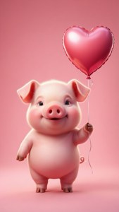 Romantikong wallpaper ng isang baboy na may hawak na heart balloon sa pink. — Cute na baboy Wallpaper