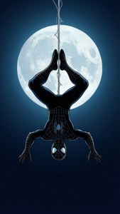 Isang dramatikong silweta ni Spiderman na nakabitin nang baligtad sa ilalim ng kabilugan ng buwan. — Spiderman Wallpaper