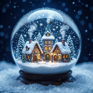 Isang kaakit-akit na snow globe na may maliit na baryo sa taglamig sa loob.