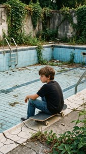 Isang batang skater na vintage na nagpapahinga sa isang walang laman at basag na pool na may mga halaman na sumisibol.