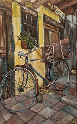 Bicycle On Patio Painting na wallpaper — Moto Pad 60 Neo Wallpaper