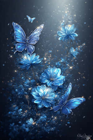 blue flowers, glowing butterflies, vector art, beautiful, nature, magical, wallpaper — iPhone 4 Wallpaper