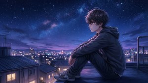 Isang anime na lalaki na nagmamasid sa mga bituin sa bubong sa gabi.