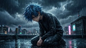 Isang malungkot na anime na lalaki ang lumuluhod sa bubong sa gitna ng ulan, nakayuko ang ulo, sa gitna ng mabagyong tanawin ng lungsod. — Malungkot na anime GIF Wallpaper