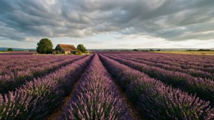 Napakalawak na bukid ng lavender na may dramatikong maulap na langit at malayong farmhouse.