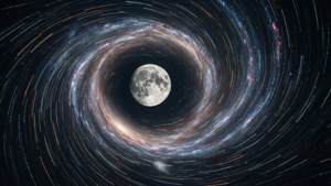 Isang surreal na buwan sa gitna ng isang galactic vortex na may mga guhit ng liwanag. — Galaxy moon Wallpaper