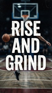 Motivational quote na 'BUMANGON AT GILING' sa ibabaw ng isang eksena ng basketball court. — Basketball GIF Wallpaper
