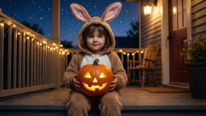 Nakatutulad na bata sa bunny pajama na may kalabasa, maaliwalas na wallpaper para sa Halloween.