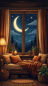Isang maaliwalas na SVG wallpaper ng crescent moon na nakikita sa bintana, istilong cottagecore. — Moon Wallpaper