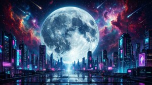 Isang maliwanag na buwan sa ibabaw ng isang cyberpunk na lungsod na may makulay na kalawakan sa langit. — Galaxy moon Wallpaper