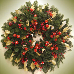 Wallpaper ng Christmas wreath na may gold ribbons — 1:1 Wallpaper