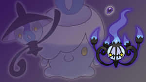 Chandelure na may Silhouette ng Lampent at Litwick — Anime desktop Wallpaper