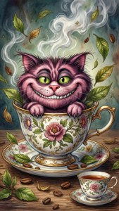 Mapaglarong watercolor na Cheshire Cat na sumisilip mula sa isang tasa.