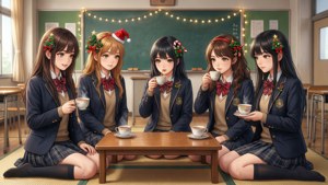 Mga anime schoolgirl na nag-eenjoy ng Christmas kotatsu sa silid-aralan