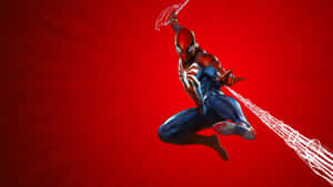 Cool na karakter ng laro sa Ps4 na si Spider-Man na may sikat na pose ng pagtalon — Spiderman Wallpaper