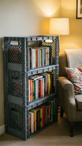Isang maaliwalas na reading nook na may milk crate bookshelf na puno ng makukulay na libro. — iPhone 5 Wallpaper