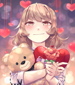 Wallpaper ng Nakaka-ineng na Anime na Babae na May Hawak na Puso at Oso — Vivo X Fold5 Wallpaper