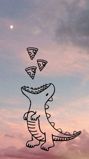 Cute Dinosaur na Kumakain ng Pizza sa Kalangitan