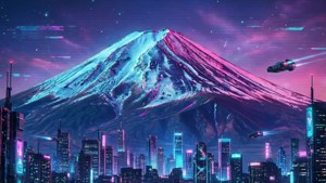 Isang cyberpunk na interpretasyon ng isang bundok na may niyebe na may neon lights at isang futuristic na siyudad sa ibaba.
