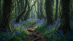 Isang madilim na daan sa kagubatan na may mga bluebell at sinalang na liwanag, mahiwagang tanawin ng tagsibol. — Madilim na kagubatan Wallpaper