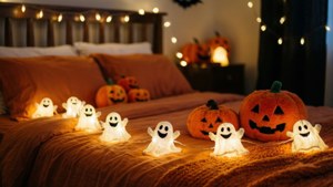 Maaliwalas na kwarto na may mga ilaw na multo at mga pumpkin plushies