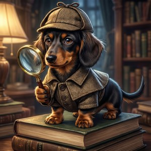 Isang matalinong anime dachshund na detective na nag-iimbestiga sa isang maaliwalang library. — Galaxy Watch Wallpaper