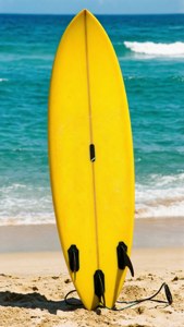 Isang dilawang surfboard sa buhang na may turkesang alon, masiglang tag-init na estetika ng surfing. — Tag-init aesthetic Wallpaper