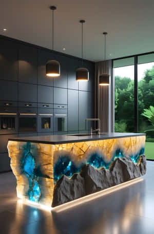modernong kusina, maranghang interior, backlit na bato, isla ng kusina, kontemporaryong disenyo, natural na bato, amber quartzite, pendant lighting, minimalistang kusina, maitim na kabinet, interior design, architectural design, high-end na kusina, stone countertop, modernong ilaw, tanawin ng gubat, makinis na disenyo, premium na materyales, custom na kusina, sopistikadong interior — Vivo Pad SE Wallpaper