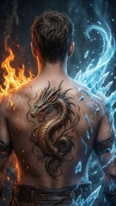 Rog Ally na may decal ng dragon at elemental effects, istilong pantasya.
