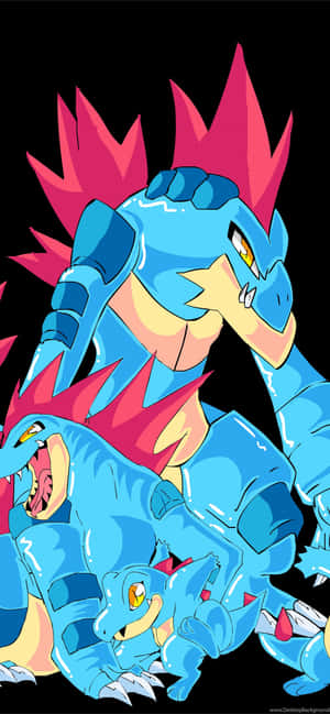 Ebolusyon ni Totodile - Mga Snapshot ng Totodile, Croconaw, at Feraligatr sa Itim — Anime Phone Wallpaper