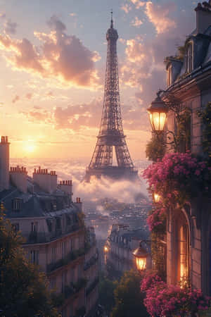 Pransya,Paris,Eiffel Tower,pagsikat ng araw,mga bubungan,mga kahon ng bintana,mga ilaw sa lansangan,romantiko,ambon,siyudad,pagbiyahe,4K — 4K Wallpaper