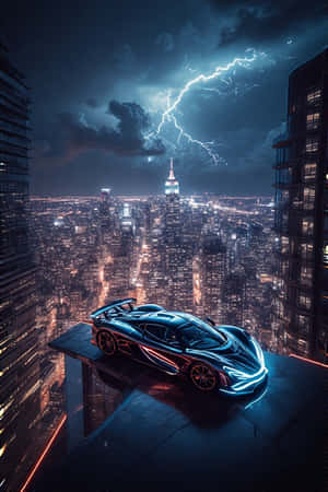 exotic hypercar, rooftop, neon city, skyscraper, dramatic, kidlat, gabi, futuristic, 4K — Cool na mga sasakyan GIF Wallpaper