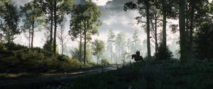Ultrawide na mga tanaw ng gubat mula sa The Witcher 3 video game na wallpaper.