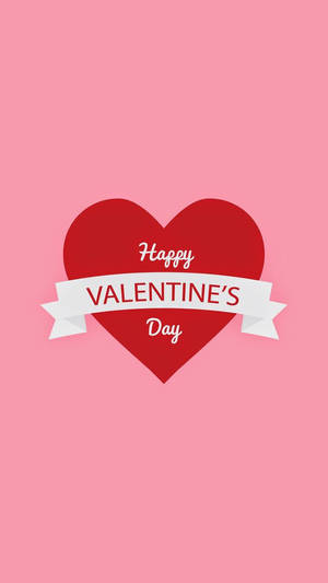 Malaking pulang puso na may tekstong nagsasabing "Happy Valentine's Day" sa gitna sa rosang background.