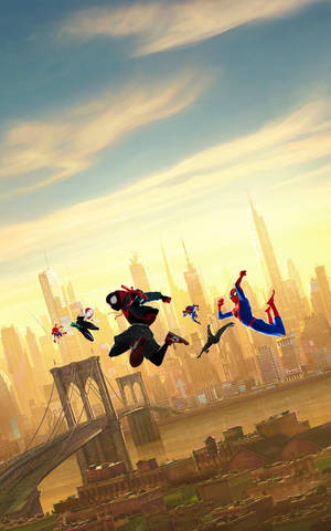 Into The Spider Verse na may iba't ibang Spiderman na tumatalon sa hangin. — Galaxy Tab S9 Wallpaper