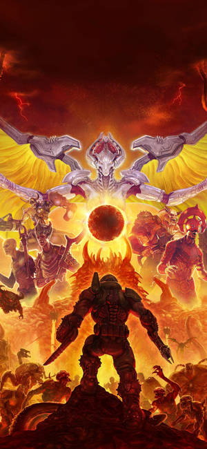 Wallpaper ng isang Doom Eternal art na may Doom Slayer na humaharap kay Khan Maykr at mga minions.