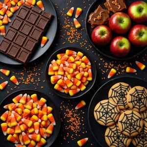 Makulay na flat lay ng mga kendi at cookies ng Halloween sa itim na background
