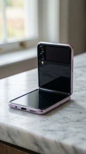 Minimalist na Z Flip 5 nakapatong sa marble na may malambot na pastel na ilaw
