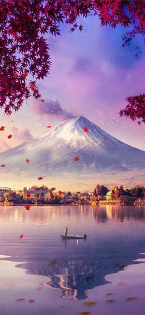 Fuji Peak na May Lawa at Nalalaglag na Dahon — iPhone 16 Pro Max Wallpaper
