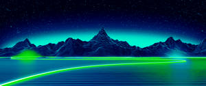 Synthwave art ng neon blue at green landscape na wallpaper.
