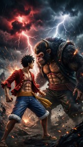 Si Luffy sa Gear Fourth na nakikipaglaban kay Kaido sa ilalim ng maulap at maalon na kalangitan. wallpapers