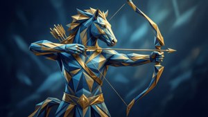 Abstrak na low poly centaur archer sa asul at ginto