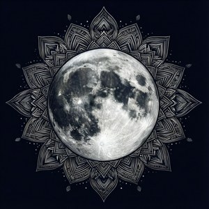 Isang simetrikong SVG wallpaper ng buong buwan na may mga geometric na mandala pattern. — Moon Wallpaper