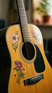 Close-up ng acoustic guitar na may disenyong bulaklak.