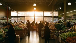 Isang cinematic wide shot ng isang abalang grocery store na naliligo sa mainit na golden hour light.