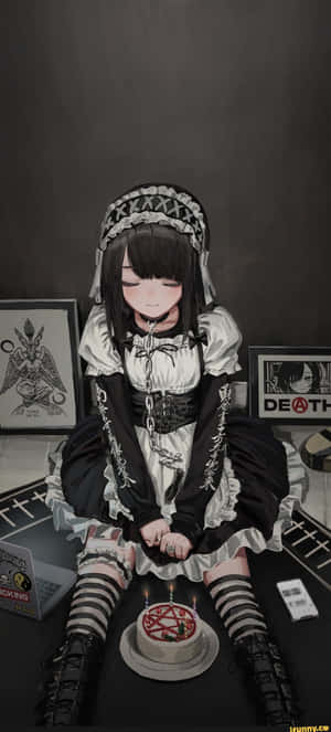 Goth Anime Maid Sa Harap Ng Pentagram Cake — iPhone 12 Wallpaper