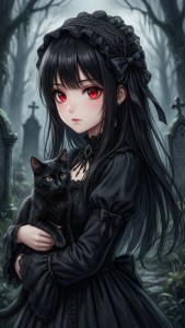 Cute na gothic anime na babae na may itim na pusa sa sementeryo.