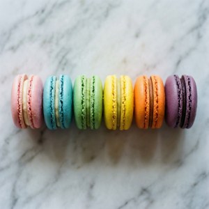 Makukulay na macaron na nakaayos sa rainbow gradient sa ibabaw ng marmol